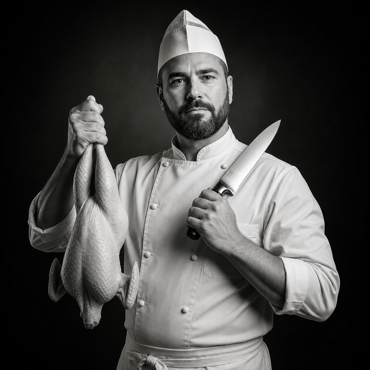 Master poultry butcher in white chef coat holding a whole raw chicken — Premium Poultry