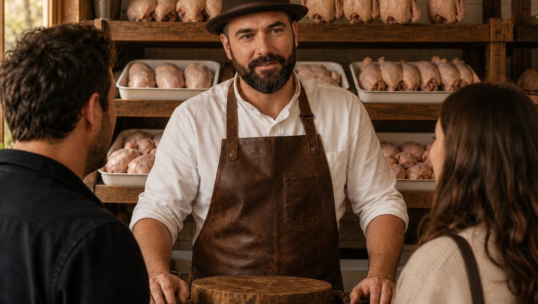 Premium Poultry shopkeeper at counter with customers, chickens on shelves behind