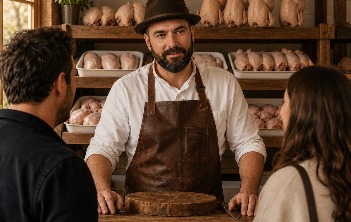 Premium Poultry shopkeeper at counter with customers, chickens on shelves behind