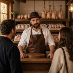 Premium Poultry shopkeeper at counter with customers, chickens on shelves behind