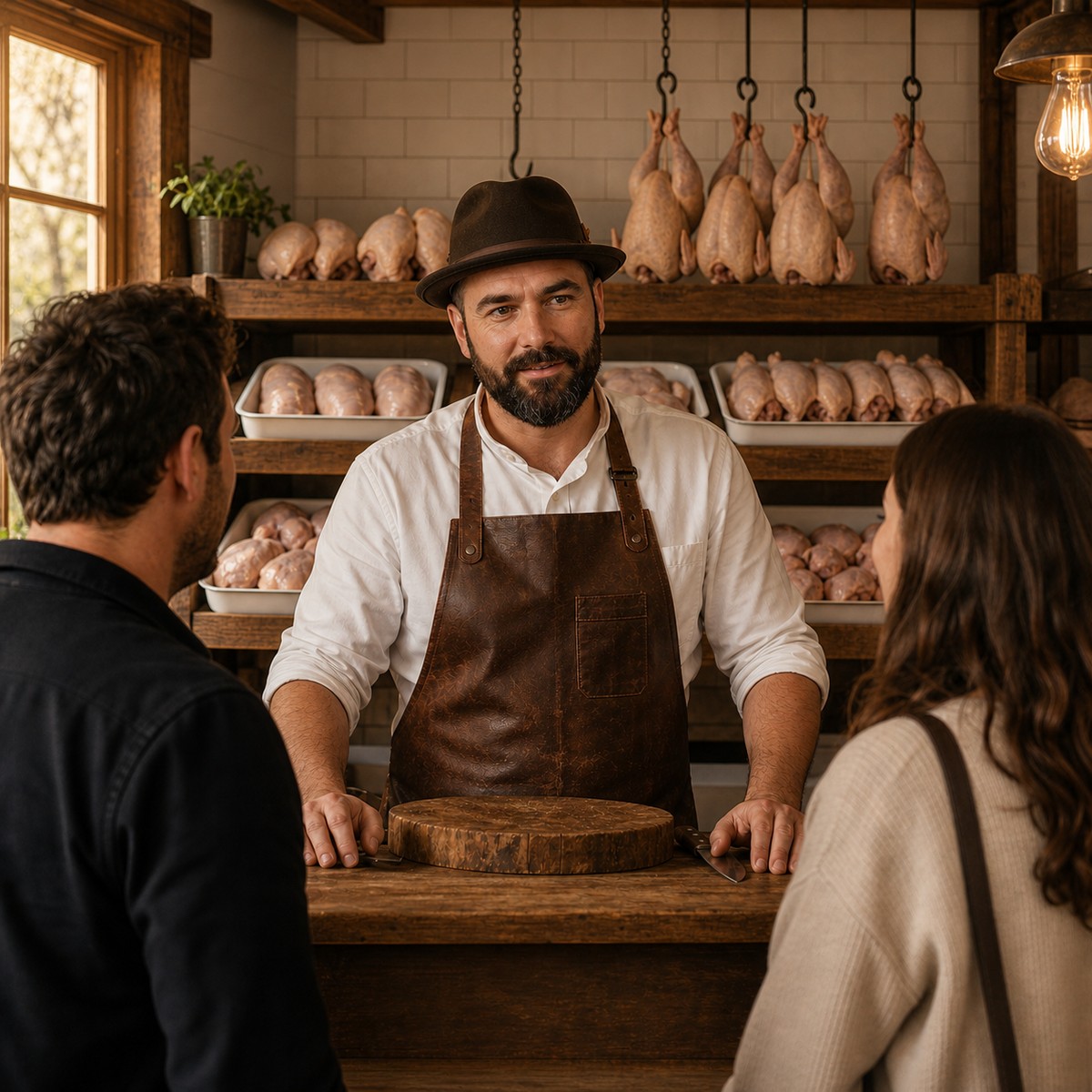 Premium Poultry shopkeeper at counter with customers, chickens on shelves behind