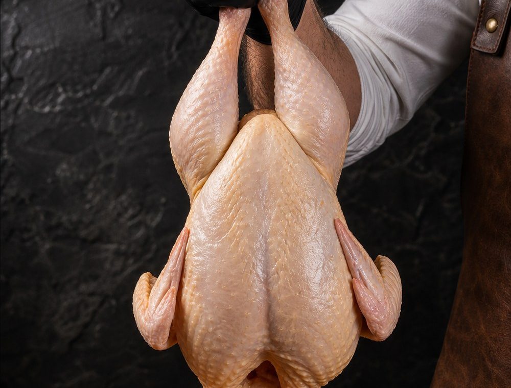 Premium Poultry butcher in apron lifting a whole raw chicken with a black-gloved hand