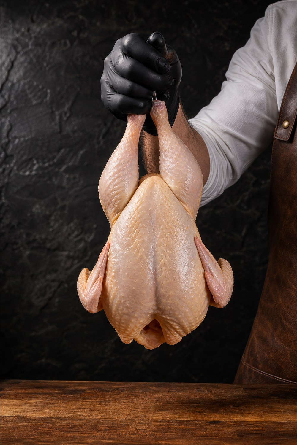 Premium Poultry butcher in apron lifting a whole raw chicken with a black-gloved hand