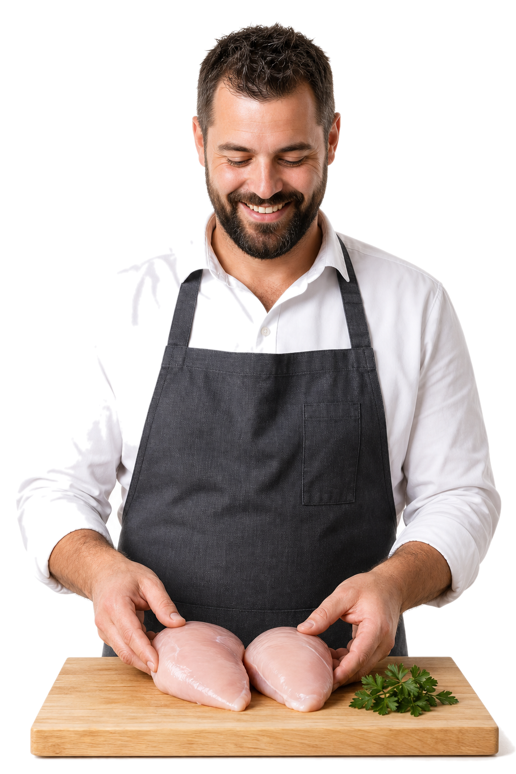 Smiling Premium Poultry butcher with raw chicken breasts on wooden board — transparent background
