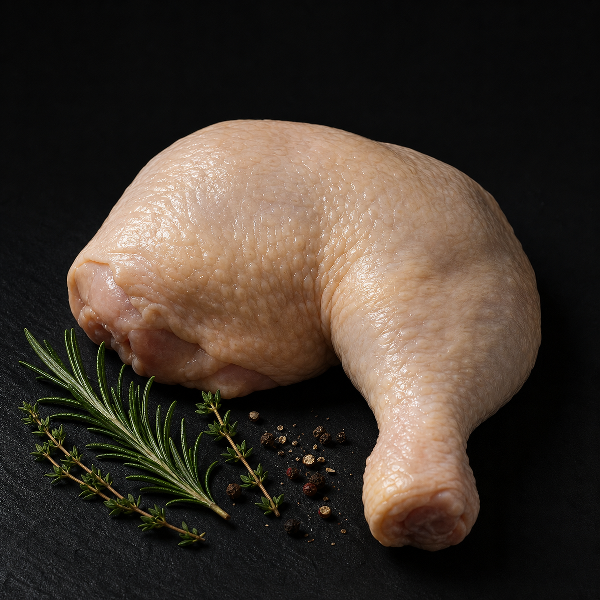 Raw bone-in chicken Maryland on dark slate with rosemary, thyme and peppercorns — Premium Poultry