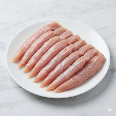 Raw chicken tenderloins — long slender breast inner-muscle strips — Premium Poultry