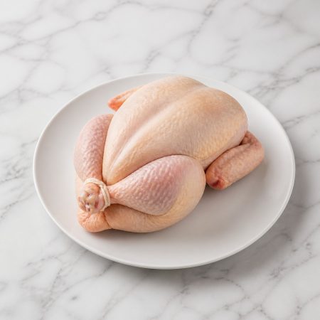 Raw whole dressed chicken, breast up, skin-on — Premium Poultry